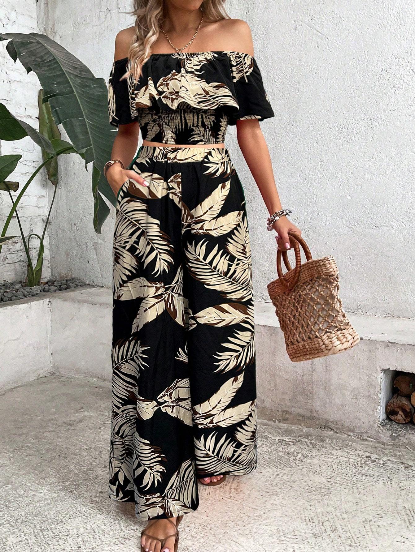 Ensemble Top Tropical à Épaules Dénudées et Pantalon à Jambes Amples