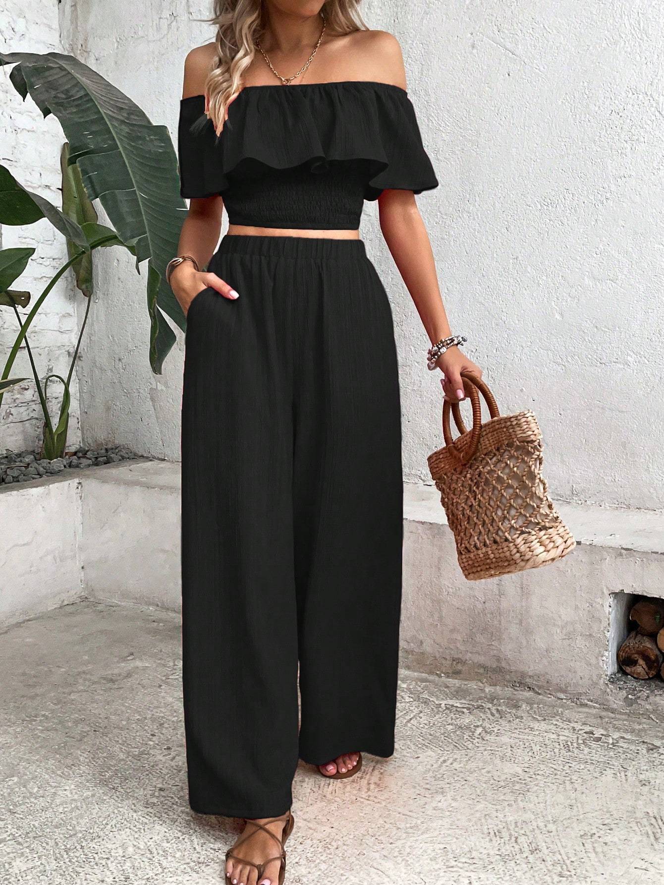 Ensemble Top Tropical à Épaules Dénudées et Pantalon à Jambes Amples