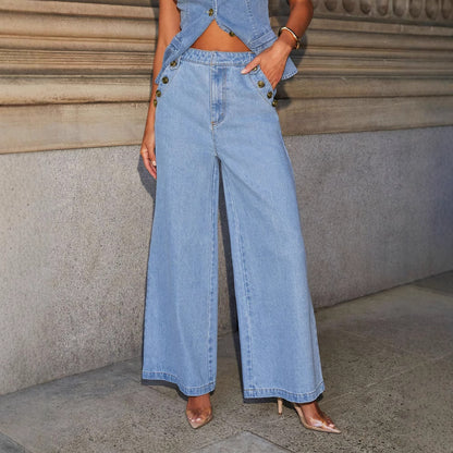 Ensemble en denim sans manches avec pantalon large, tendance et confortable