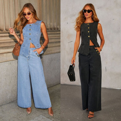 Ensemble en denim sans manches avec pantalon large, tendance et confortable