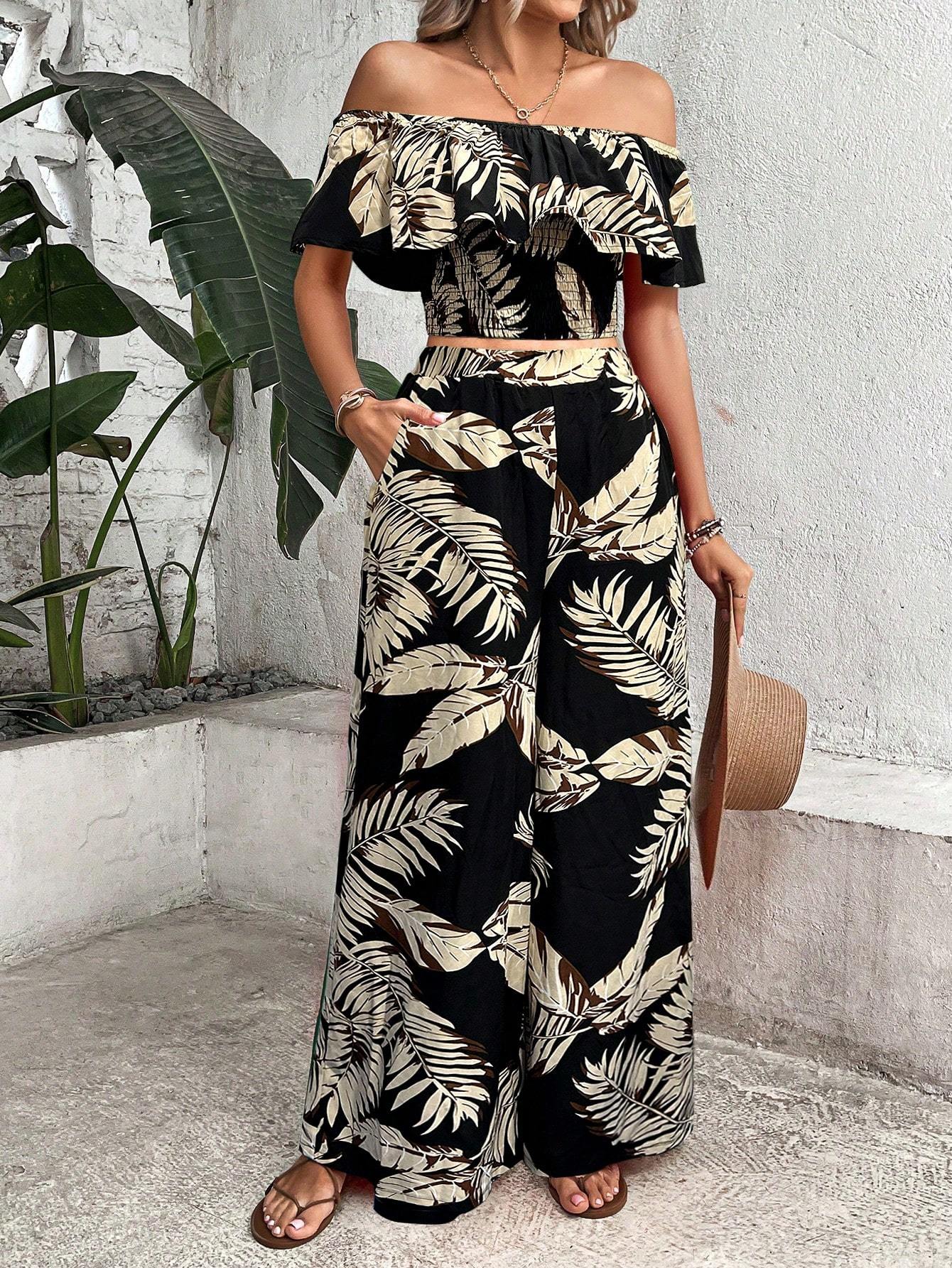 Ensemble Top Tropical à Épaules Dénudées et Pantalon à Jambes Amples
