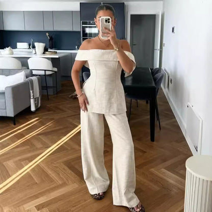 Ensemble haut épaules dénudées fendu et pantalon large