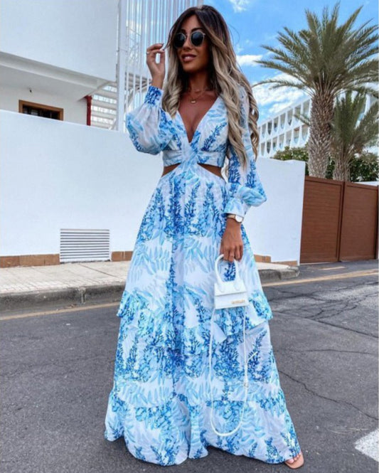 Robe Longue Col V Manches Longues Élégante - Bella Tendance